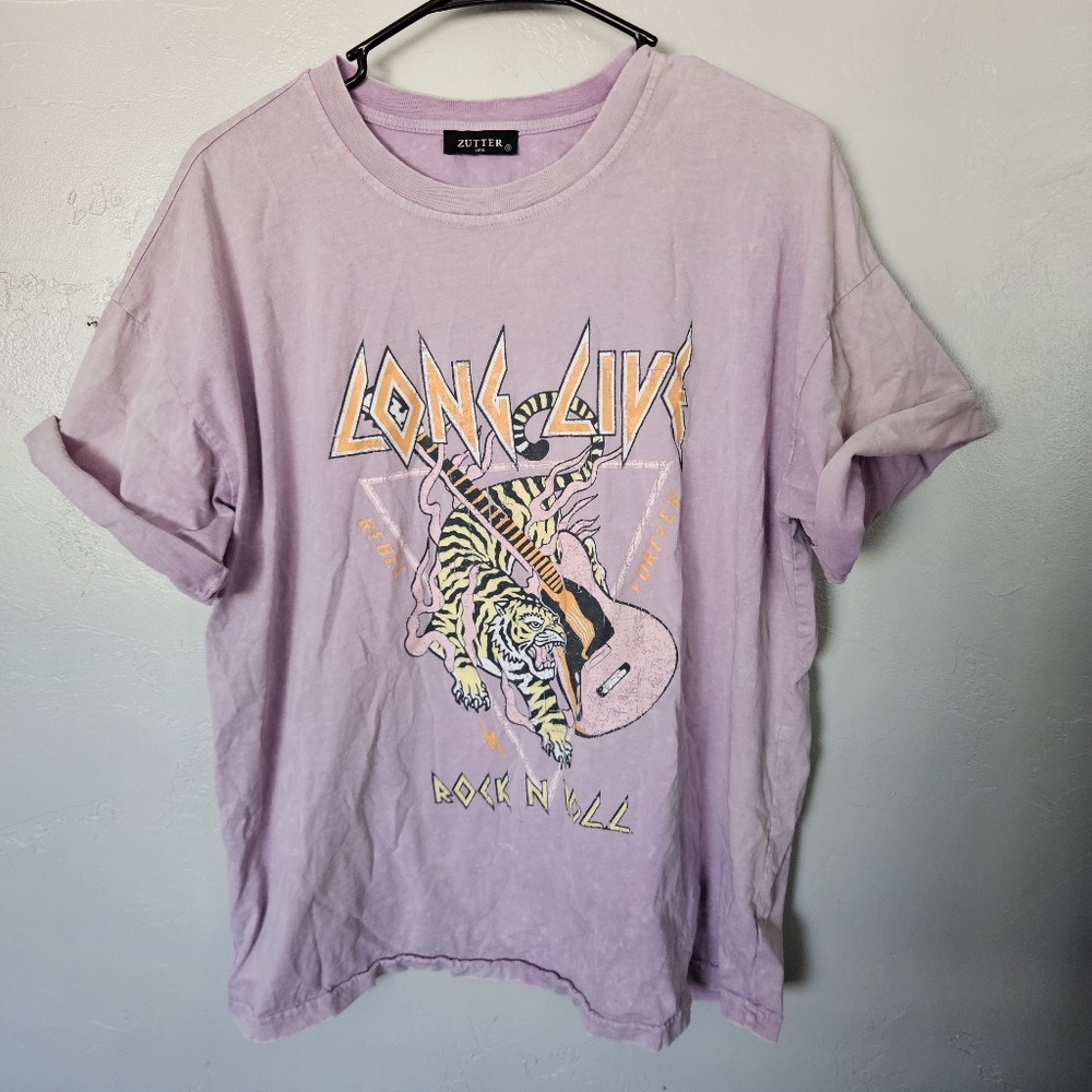 Zutter Small Oversized Lilac Purple 'Long Live Rock N Roll' Graphic Tee Tiger